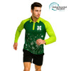 A man is wearing a green and yellow long-sleeved polo shirt with a logo and a design featuring eco-friendly elements.