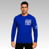 A blue crew neck long-sleeved shirt made from RPET milk silk. Features a logo and text on the front.
