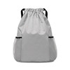 A grey drawstring backpack with black accents and mesh side pockets. It features a logo on the front.