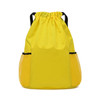 A yellow fitness drawstring backpack with mesh side pockets and a cinched top, featuring a logo.