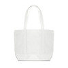A white canvas zippered tote shoulder bag with two sturdy handles and a spacious interior, featuring a logo.