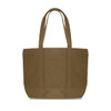 A brown canvas zippered tote shoulder bag with two sturdy handles. It features a logo on one side.