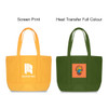 A yellow canvas zippered tote bag with a logo and an olive green canvas tote bag featuring a colourful design.