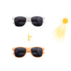 Colour changing sunglasses in white and orange frames, with dark lenses and a sun illustration in the background.