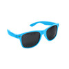 A pair of bright blue classic sunglasses with dark lenses, featuring a logo on the side.