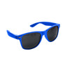 Classic sunglasses in vibrant blue with dark lenses and a logo on the side.