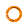 An orange flyer with a circular shape featuring a logo and text around the edge.