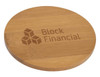 A round bamboo coaster with a light brown finish, featuring a logo engraved on its surface.