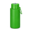 A drink bottle in vibrant green with a screw-top lid and a carrying strap. It has a branding logo.
