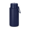 A drink bottle in navy blue with a screw-top lid and a carry strap. It features a logo on the front.