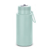 A drink bottle in a light mint green colour, featuring a secure lid and a branding logo.