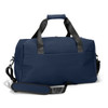 A navy blue duffle bag with black straps and a detachable shoulder strap, featuring a zippered closure and a logo.
