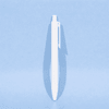 A white plastic ballpoint pen with a clip and a smooth, sleek design against a light blue background.