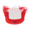 A headband wig featuring red and white faux fur, designed for sports or themed events. It has a logo on the front.