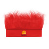 A vibrant red headband wig with a fluffy texture, featuring a logo on the band.