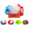 A collection of afro headband wigs in three colours: red, white, and blue, with an orange band. Features various designs.