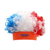 A curly wig in red, white, and blue with an orange headband, featuring a logo on the front.