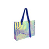 A large, colourful transparent PVC tote bag with glossy, iridescent surface and blue handles.