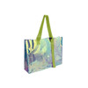 A colourful transparent PVC tote bag with a glossy finish and green straps, showcasing iridescent hues.