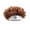 A brown curly headband wig with a white band and a logo on the front.