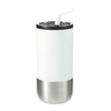 A drink bottle with a white body and stainless steel bottom, featuring a black lid and a white straw. Includes a logo.