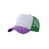 A two-tone mesh hat featuring a purple peak and front, with a green mesh back and white crown. It has a logo on it.
