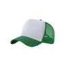 A fashion mesh hat with a white front panel and a green brim and mesh sides. It features a logo.