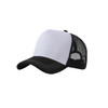 A fashion mesh hat featuring a white front and black mesh sides, with a black bill and white stitching.