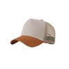 A Fashion Mesh Hat featuring a beige front and brown peak, with a mesh back and an adjustable strap.