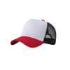 A red and white fashion mesh hat featuring a solid front and mesh back, with a button on top.