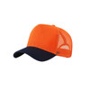 A fashion mesh hat featuring an orange front and navy blue visor, with a mesh back and a logo.