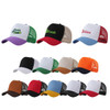 A selection of 5-panel fashion mesh hats in various colours, featuring different logos and branding.