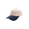 A beige and navy blue 6 panel adjustable baseball cap with a logo on the front.