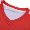 A red V-neck raglan sport tee shirt featuring a micro mesh design and a white collar. It includes a logo.