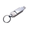 A silver flash drive with a keyring attachment and a sleek design.