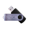 A purple and black swivel USB flash drive with a branding logo on the side.