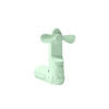 A mint green USB handheld mini fan with a compact design and a flashlight feature. It includes a logo.