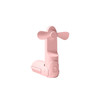 A pink USB handheld mini fan with a flashlight, featuring a compact design and a small base.
