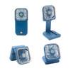 A blue folding neck fan with a phone stand, featuring a compact design and adjustable angles. It includes a logo.