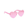 Heart-shaped sunglasses in a vibrant pink colour with transparent frames. Features a logo on the side.