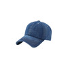 A denim baseball cap in a light blue shade with a curved brim and stitching details. It features a logo on the front.