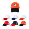 A range of caps in various colours, featuring a logo on the front and a mesh back design.