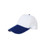 A blue and white mesh back peak cap with a curved visor and a logo on the front.