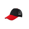 A black and red Sandwich Mesh Back Peak Cap featuring a mesh panel and a curved visor. It has a logo on the front.