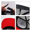 A red cap featuring a mesh back, showing details of the inner lining and adjustable strap.