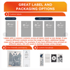 A promotional graphic outlining custom label and packaging options for a product, featuring design examples and eco-friendly elements.