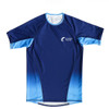 A blue and light blue crew neck raglan tee shirt made of 100% polyester micro mesh, featuring a logo.