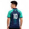 A Polo shirt featuring a blend of teal and navy colours, with a large number 10 on the back and a logo present.