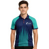 A navy and teal 100% polyester micro mesh raglan polo shirt featuring a logo and vertical pattern design.