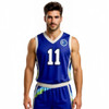 A sleeveless sport jersey in blue featuring a logo and the number 11, made of breathable polyester.